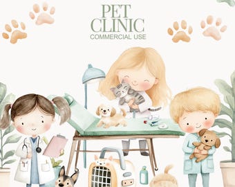 Cute Charming Pet Clinic Clipart, Cat and Dog Illustrations, Watercolor Graphics Set, Cute clinic, Pet Clinic Clipart, Nursery Clipart, Kid