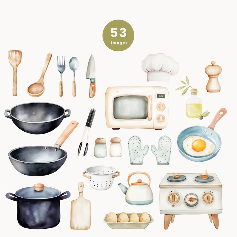 May include: A watercolor illustration of 53 kitchen items, including a microwave, a frying pan, a pot, a strainer, a cutting board, a kettle, a stovetop, a chef's hat, a wooden spoon, a ladle, a spatula, a fork, a knife, a pair of oven mitts, salt and pepper shakers, a bottle of olive oil, a wok, and a set of eggs.