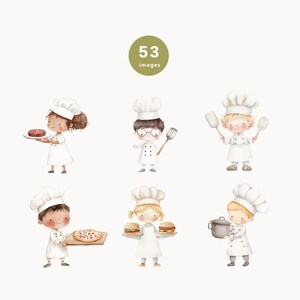 May include: Six watercolor illustrations of children dressed as chefs, each holding a different food item. The children are all smiling and have different hair colors and styles. The food items include a burger, a pizza, a steak, a pot, and a spatula.