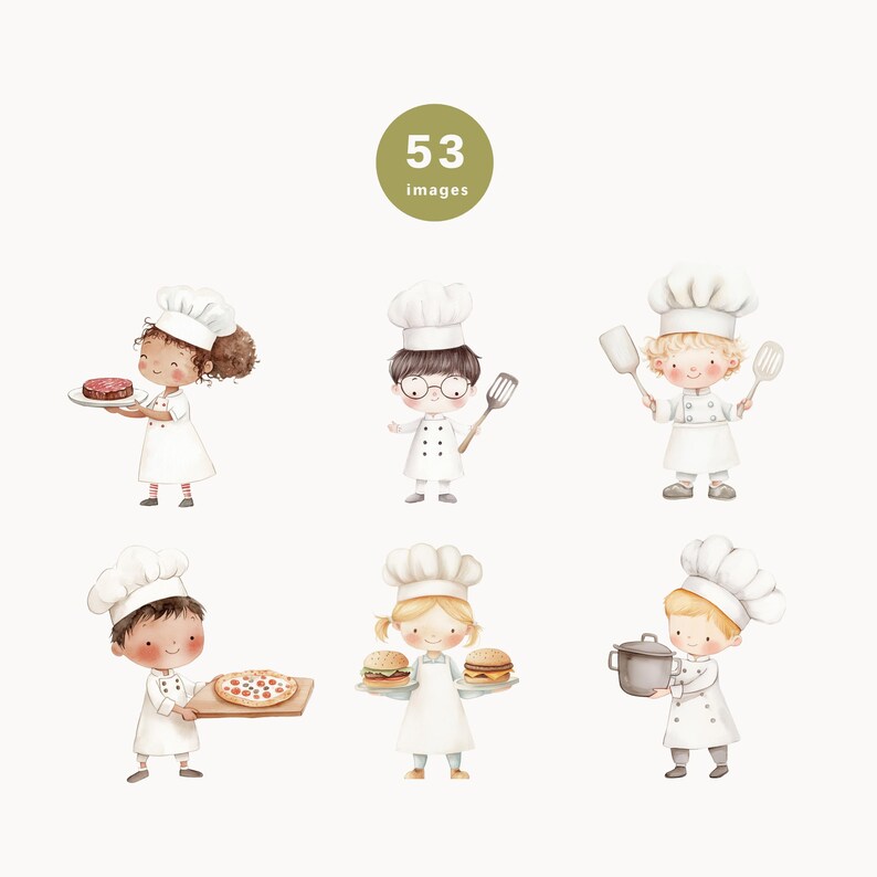 May include: Six watercolor illustrations of children dressed as chefs, each holding a different food item. The children are all smiling and have different hair colors and styles. The food items include a burger, a pizza, a steak, a pot, and a spatula.