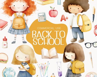 Cute Back To School Watercolor Clipart, School bus, Backpack, Pencil, Notebook,Books ,Back To School PNG, Nursery Clipart, Back to school