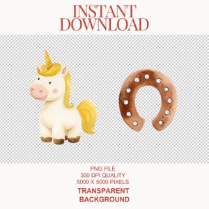 May include: A white unicorn with a gold horn and a brown horseshoe. The unicorn has pink hearts on its cheeks and a yellow mane and tail. The horseshoe has brown spots and is a symbol of good luck.