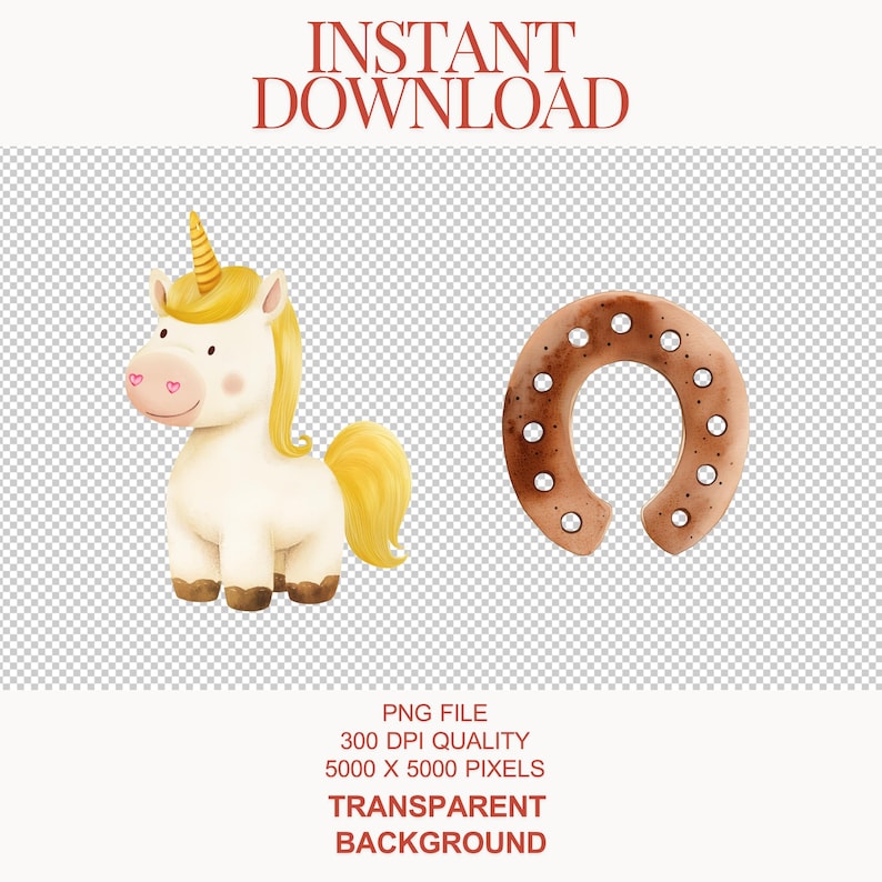 May include: A white unicorn with a gold horn and a brown horseshoe. The unicorn has pink hearts on its cheeks and a yellow mane and tail. The horseshoe has brown spots and is a symbol of good luck.