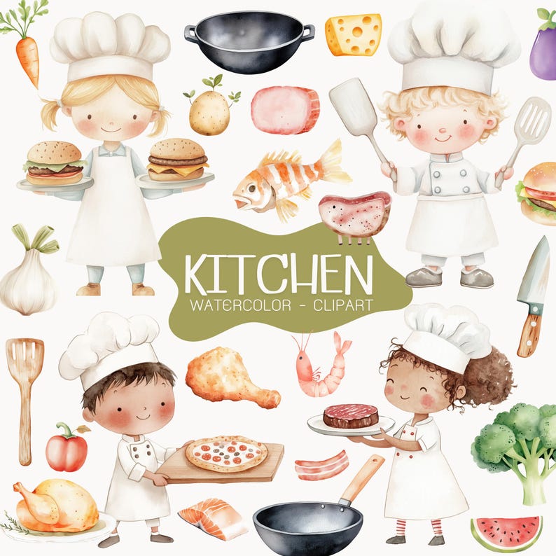 Cute little chef clipart,Cooking clipart,Kittle Chef, Kitchen Png, Cooking Clip art,Cooking Sublimation,Watercolor clipart,Nursery clipart image 1