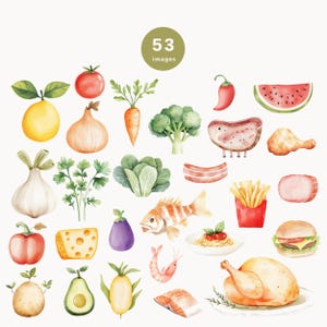 May include: A watercolor illustration of 53 different food items, including fruits, vegetables, meats, seafood, and baked goods. The illustration is in a white background.