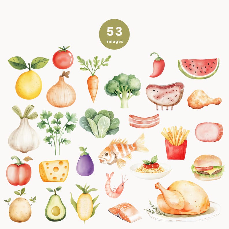May include: A watercolor illustration of 53 different food items, including fruits, vegetables, meats, seafood, and baked goods. The illustration is in a white background.