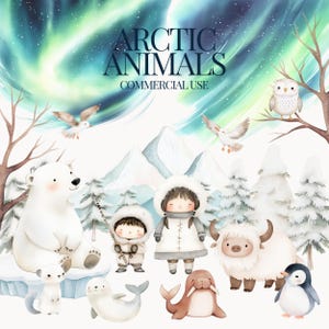 Images clipart aquarelle animaux de l'Arctique, ensemble de vacances hiver, animaux polaires, animaux de la forêt, décoration de chambre d'enfant, nouvel an, carte de voeux, inuit mignon