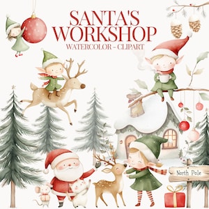 Clipart carino laboratorio di Babbo Natale, Clipart carino di Natale, Elfi di Natale, Omino di pan di zenzero, Clipart delle feste, Festività natalizie, PNG carino di Babbo Natale
