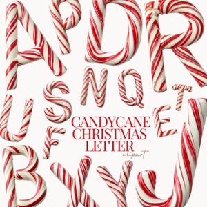 May include: A collection of red and white candy cane letters, including A, B, D, E, F, J, N, Q, R, S, T, U, X, and Y. The words "CANDYCANE CHRISTMAS LETTER clipart" are in red text.