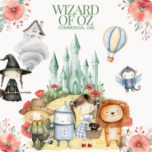 Clipart del mago di Oz, Clipart di Dorothy, PNG del mago, Uomo di latta, Leone codardo, Spaventapasseri, Glenda, Strega cattiva, Illustrazioni per bambini, Arte per bambini