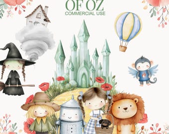 Wizard Of Oz Clipart, Dorothy Clipart, Wizard PNG, Tin man, Cowardly Lion, Scarecrow, Glenda, Wicked Witch, Kids Illustrations,Nursery art