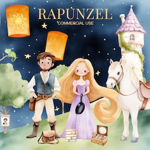 Niedliches Rapunzel Clipart, Prinzessin PNG, Märchen, Blondie, Turm, Pascal, Maximus, Rapunzel Geburtstag, süße Prinzessin Clipart, Kinderzimmer, Kinderkunst