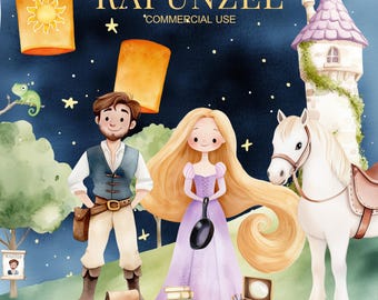 May include: Watercolor illustration of Rapunzel and Flynn Rider from the Disney movie Tangled. The image features Rapunzel with long blonde hair, a purple dress, and a frying pan. Flynn Rider is wearing a brown vest, a blue shirt, and brown pants. The image also includes a white horse, a tower, and a lantern.