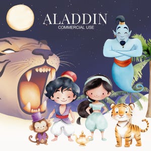 Lindo clipart de Aladdin, Princesa Jazmín, clipart de Aladdin, Princesa árabe, Tigre, Mono, Princesa linda, clipart de princesa, guardería, arte infantil