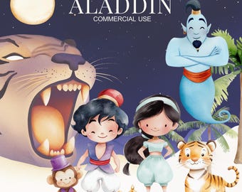 Clipart carino di Aladdin, principessa Jasmine, clipart di Aladdin, principessa araba, tigre, scimmia, principessa carina, clipart di principessa, asilo nido, arte per bambini