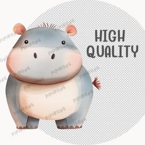 May include: A watercolor illustration of a cute gray and pink hippopotamus with a small tail. The background is a transparent checkerboard pattern with the text "HIGH QUALITY" in black.
