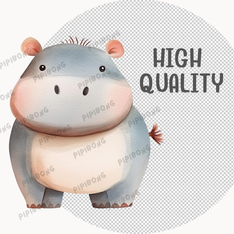 May include: A watercolor illustration of a cute gray and pink hippopotamus with a small tail. The background is a transparent checkerboard pattern with the text "HIGH QUALITY" in black.