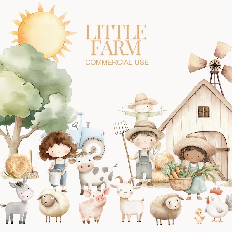 Puede incluir: Una ilustraci&oacute;n de acuarela de una escena de granja con ni&ntilde;os, animales y una granja. La ilustraci&oacute;n presenta un tractor, una vaca, un cerdo, una oveja, un burro, un pollo y un molino de viento. El texto "LITTLE FARM COMMERCIAL USE" est&aacute; escrito en la parte superior de la imagen.