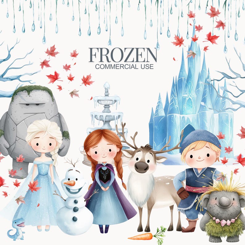 May include: A watercolor illustration of characters from the movie Frozen. The characters include Elsa, Anna, Olaf, Kristoff, Sven, and a troll. The illustration also includes a castle, a fountain, and a forest. The text "FROZEN COMMERCIAL USE" is written at the top of the image.