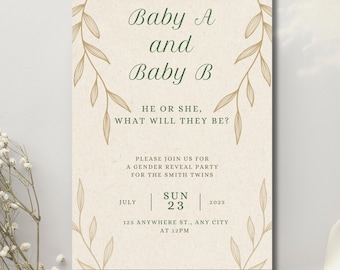Twin Gender Reveal Invitation neutral, greenery, unisex, simple, baby a and baby b, digital download