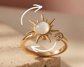 Anello girevole Sun Spinner, anello girevole regolabile Fidget, anello rotante Sunburst in oro e argento per l'ansia, regalo per lei, regalo per la fidanzata