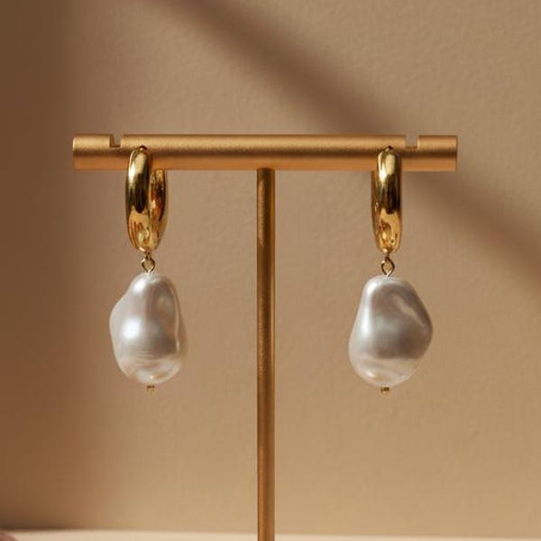 Baroque Pearl Hoop Earrings, Gold Tone Huggies, Wedding Jewelry