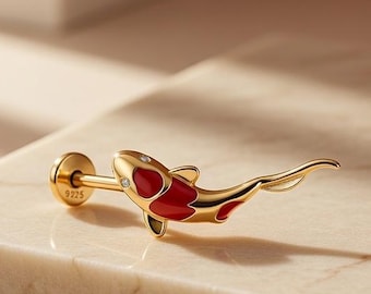 1 paio di orecchini a perno a forma di carpa koi in oro 16G: argento sterling 925, portafortuna