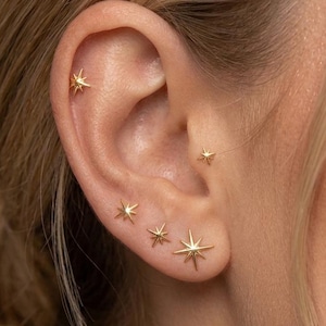 May include: Close-up of an ear adorned with multiple gold star-shaped stud earrings. The earrings vary in size and are placed along the ear's cartilage and lobe, creating a celestial-themed ear stack. The gold color provides a warm contrast against the skin.