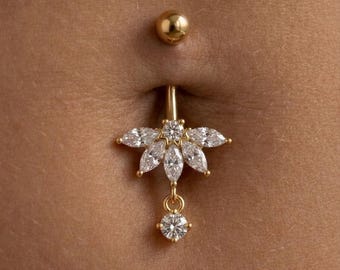 14G 10mm Gold Lotus Flower Dangle Belly Ring,CZ Navel Ring,Dainty Floral Curved Barbell,Belly Button Piercing Jewelry,Navel Barbell/Gifts