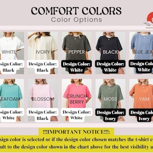 K&ouml;nnte beinhalten: Eine Farbkarte mit Comfort Colors T-Shirt-Optionen. Farben sind Wei&szlig;, Elfenbein, Pfeffer, Schwarz, Blue Jean, Seegr&uuml;n, Bl&uuml;te, Crunch Berry, Moos und Yam. Jedes Shirt hat eine Designfarbe darunter. Der Text "!!!IMPORTANT NOTICE!!!" ist unten.