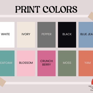 Puede incluir: Una carta de colores que muestra diez colores diferentes, incluyendo blanco, marfil, pimienta, negro, azul vaquero, espuma de mar, flor, baya crujiente, musgo y &ntilde;ame.