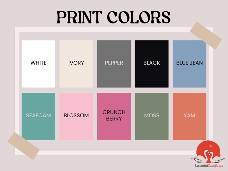 Puede incluir: Una carta de colores que muestra diez colores diferentes, incluyendo blanco, marfil, pimienta, negro, azul vaquero, espuma de mar, flor, baya crujiente, musgo y &ntilde;ame.