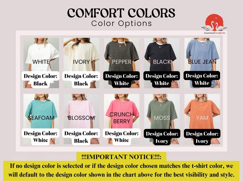 Może przedstawiać: Wykres przedstawiający opcje kolorystyczne koszulek Comfort Colors. Kolory obejmują biały, kość słoniową, pieprz, czarny, niebieski dżins, morski, kwiat, chrupiącą jagodę, mech i pochrzyn. Każda pr&oacute;bka pokazuje kolor projektu.