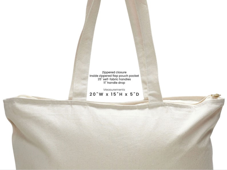 May include: A natural canvas tote bag with a zippered closure, an inside zippered flap pouch pocket, 25-inch self-fabric handles, and an 11-inch handle drop. The bag measures 20 inches wide by 15 inches high by 5 inches deep.