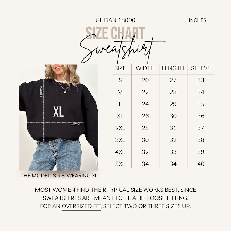 May include: Size chart for a Gildan 18000 sweatshirt, showing measurements in inches for sizes S to 5XL. The chart includes width, length, and sleeve measurements.