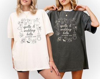 Gothic Bachelorette Party Shirts, Spooky Bride, Spells And Wedding Bells, Halloween Bridal Shower