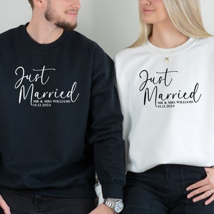Custom Mr Mrs Just Married Sweatshirt, Newly Married Matching Sweatshirts, Honeymoon Matching Couple Crewneck, Wedding Gift For Couples