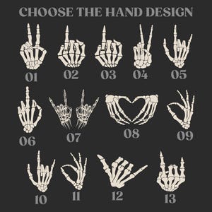 Może przedstawiać: Ciemnoszary grafika z tekstem "CHOOSE THE HAND DESIGN" nad 13 ilustracjami szkieletowych dłoni w r&oacute;żnych gestach. Każdy gest dłoni jest ponumerowany od 01 do 13.