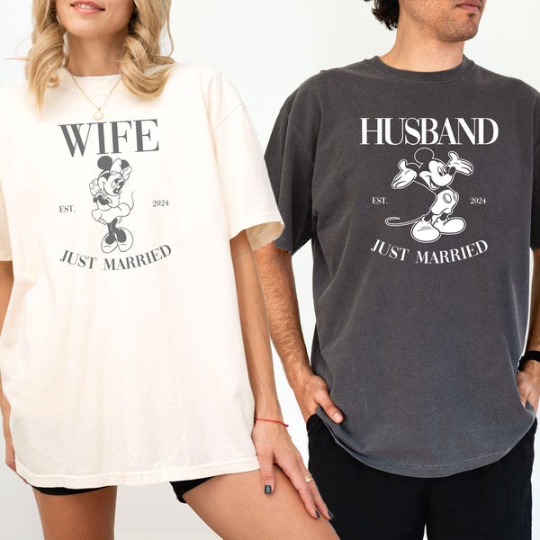 Custom Just Married Disney Comfort Colors Shirts, Wife Husband Matching Newlywed Gifts
