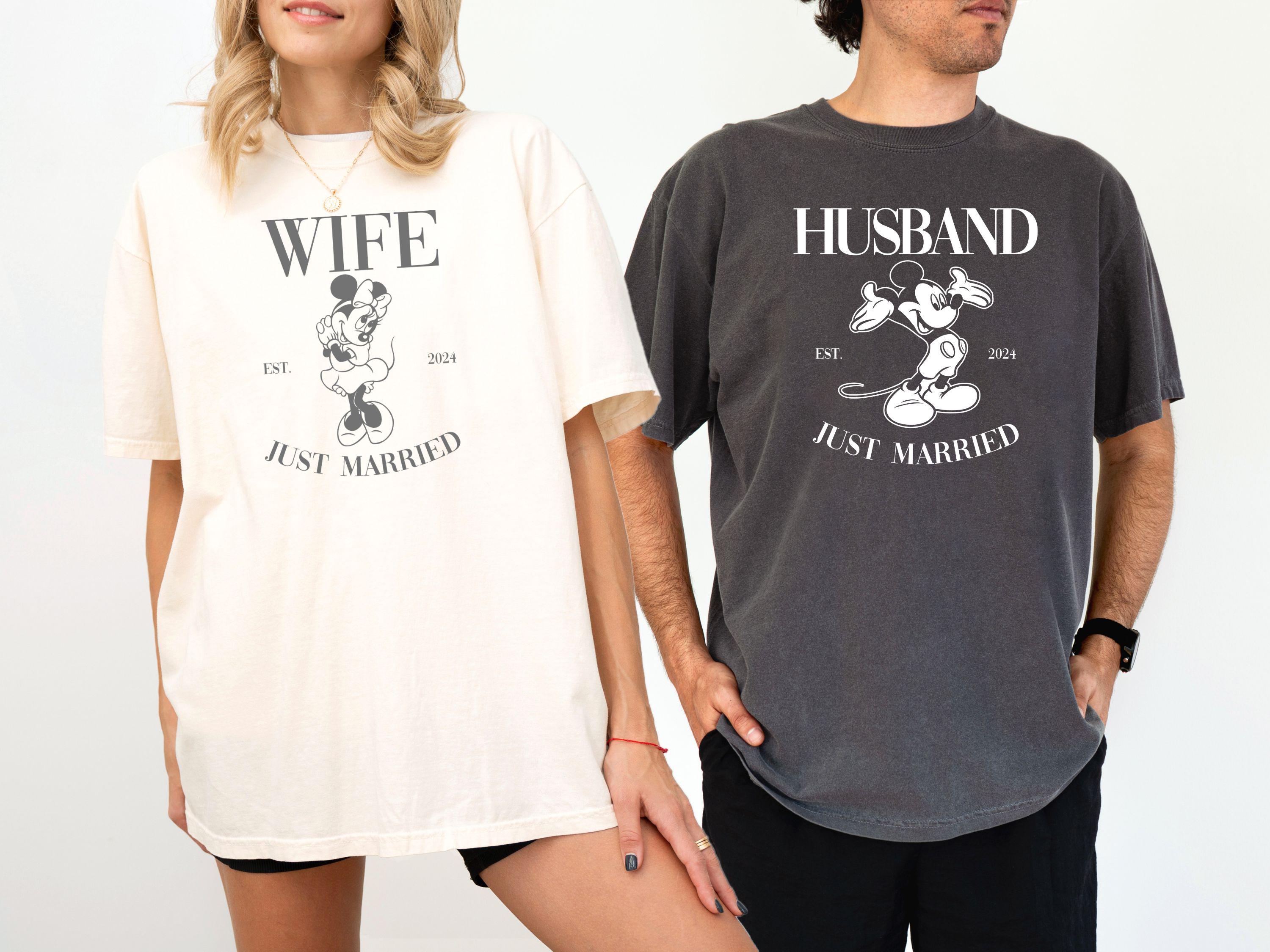Custom Just Married Disney Shirt, Wife Husband Matching Shirts Comfort Colors®, Just Married Gifts, Disney Honeymoon Gifts, Newlywed Shirts