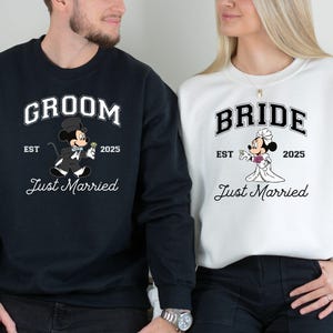Mickey Minnie Just Married Matching Sweatshirts, Disney Bride Sweatshirts, Disney Wedding Gifts, Bride Disney Ears Hoodie, Honeymoon Gifts