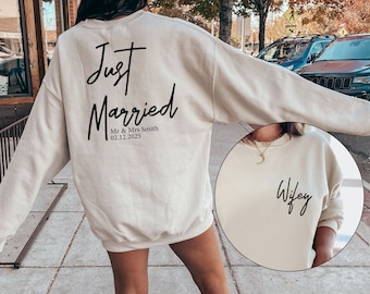 Custom Just Married Sweatshirt, Wifey and Hubby, Newlywed Matching Couple Hoodie