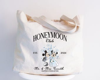 Custom Disney Honeymoon Club Tote Bag, Honeymoon Gifts, Just Married Gift, Newlywed Gift, Mickey Minnie Honeymoon Tote Bag, Minnie Bride Bag