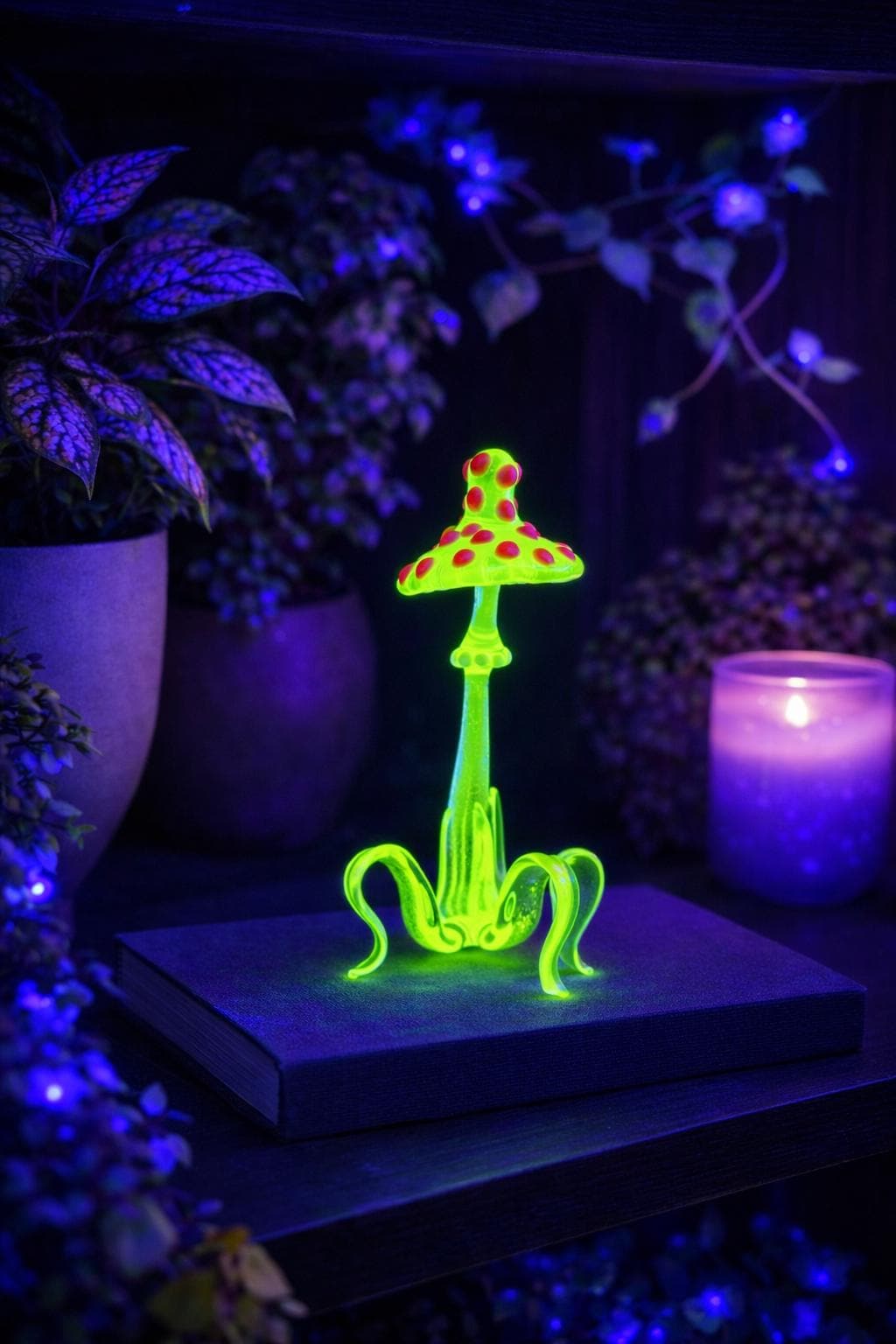 Glowing Uranium Glass Mushroom - Handmade Lampwork Figurine, Luminous Art Glass Decor