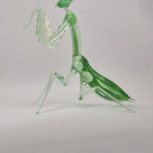 May include: A glass praying mantis sculpture. The insect is primarily clear with green accents on the head, back, and legs. The sculpture is detailed, with visible legs and antennae. The mantis is posed as if it is praying.