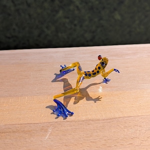 Lampwork Glass Frog Figurine: Yellow & Blue Handmade Decor