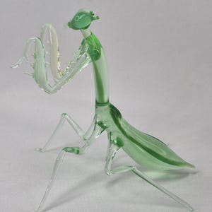 May include: A glass praying mantis figurine in shades of green and clear. The insect has a detailed head, long legs, and a curved body. The figurine is made of transparent glass, allowing light to pass through.