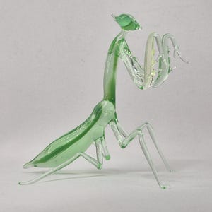 May include: A translucent green glass praying mantis figurine. The insect has a detailed body with outstretched arms and delicate legs. The figurine is a decorative item, showcasing the form of the insect.