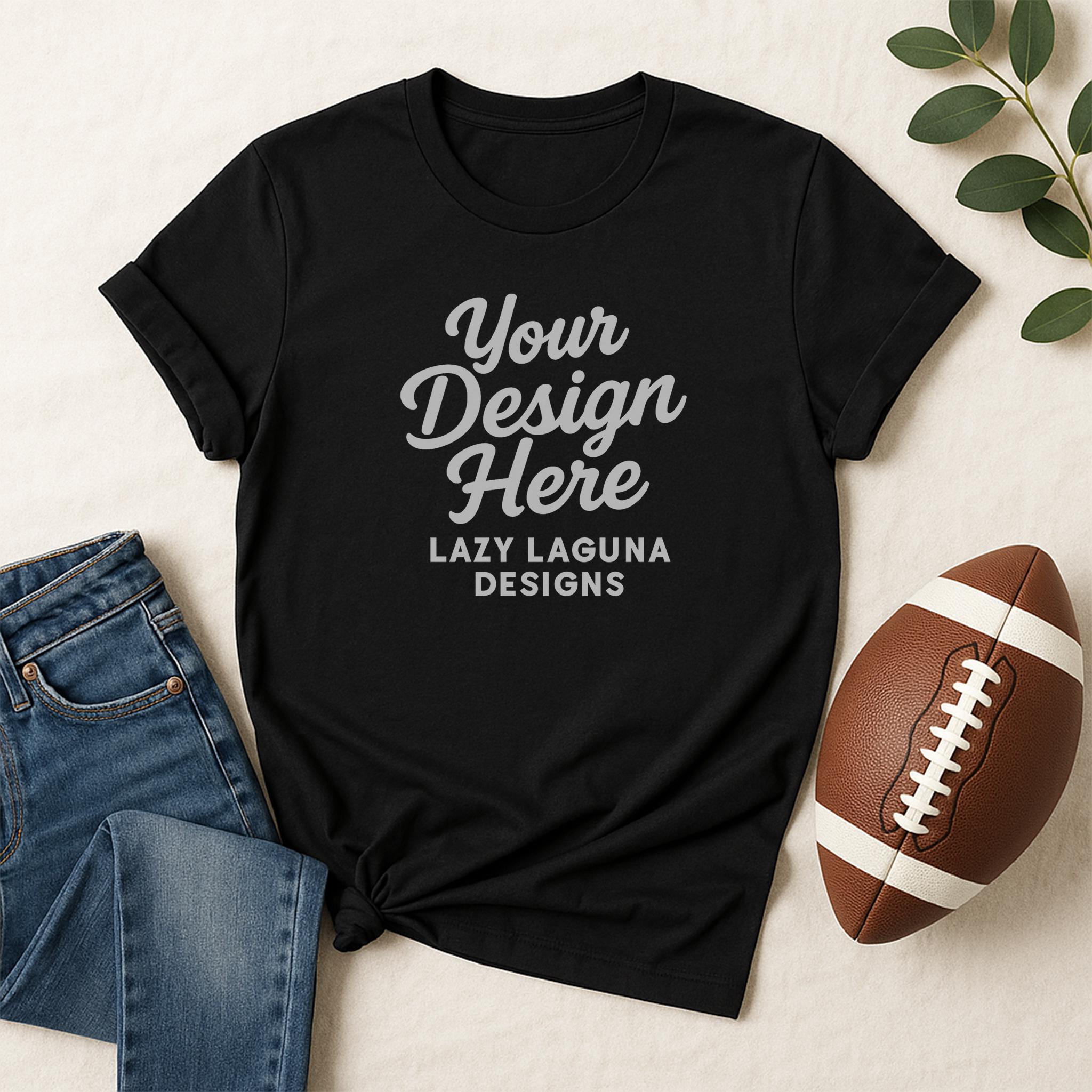 Football Theme Black T-Shirt Mockup | Flat Lay Bella Canvas 3001 Blank Shirt JPG