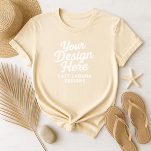 Soft Cream Bella Canvas 3001 Mockup - Knotted T-Shirt Flat Lay with Beach Props, Summer Tee Template JPG